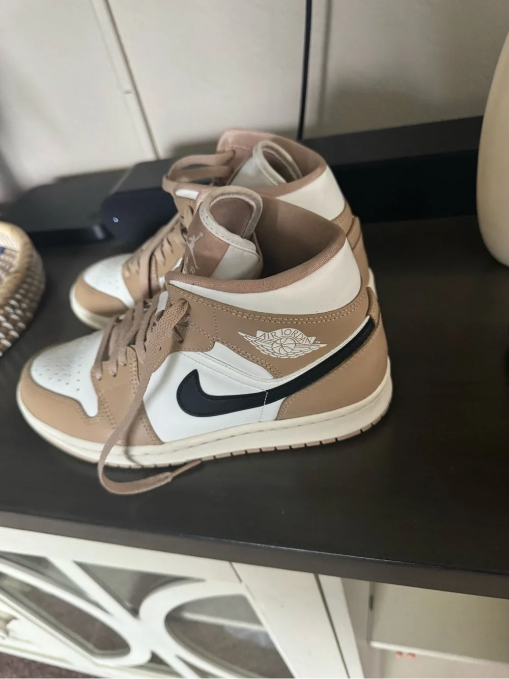 Jordan Mid Sneakers in White, Tan & Black